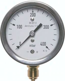 Manometer senkrecht 100mm, -250 bis 0 mbar, G 1/2"