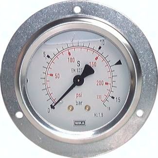 Glycerin-Einbaumanometer,Front-ring, 63mm, -1 bis 15 bar