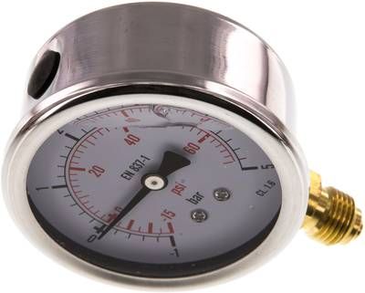 Glycerin-Manometer senkrecht (CrNi/Ms), 63mm, -1 bis 5 bar