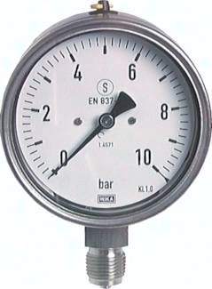 Sicherheits-Manometer senk-recht, 100mm, 0 - 100 bar
