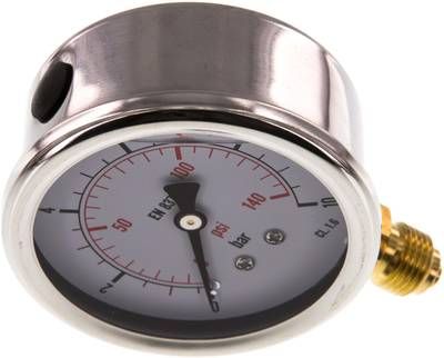 Glycerin-Manometer senkrecht (CrNi/Ms), 63mm, 0 - 10 bar
