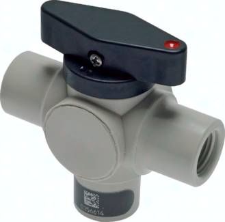 3-Wege Kugelhahn, PFA, G 1/4", PN 10, L-Bohrung (vertikal)