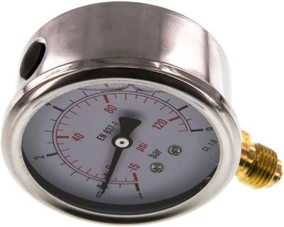 Glycerin-Manometer senkrecht (CrNi/Ms), 63mm, -1 bis 9 bar