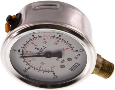 Glycerin-Manometer senkrecht (CrNi/Ms), 63mm, -1 bis 1,5 bar