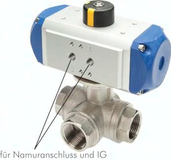 Pneumat. 3-Wege-Kugelhahn (L), doppeltwirkend, mit FKM-Dichtung, G 1 1/2", MS