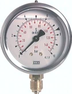 Glycerin-Manometer senkrecht (CrNi/Ms), 63mm, 0 - 0,6 bar