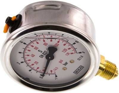 Glycerin-Manometer senkrecht (CrNi/Ms), 63mm, -1 bis 9 bar