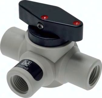 3-Wege Kugelhahn, PFA, G 1/2", PN 10, L-Bohrung (horizontal)