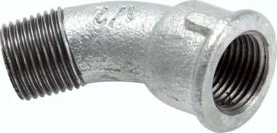 45°-Bogen Rp 3/8"(IG)-R 3/8"(AG), Temperguss verzinkt