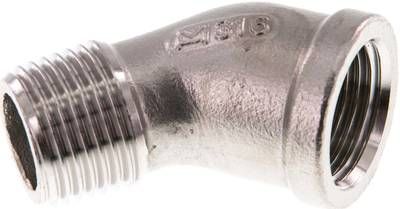 45°-Einschraubwinkel Rp 1/2"(IG)-R 1/2"(AG), 16 bar 1.4408