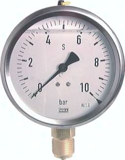 Glycerin-Manometer senkrecht (CrNi/Ms),100mm, 0 - 10 bar