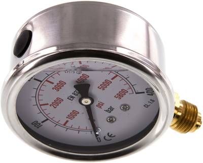 Glycerin-Manometer senkrecht (CrNi/Ms), 63mm, 0 - 40 bar