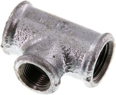 T-Stück Rp 1/2"-Rp 3/8"-Rp 1/2" (IG), 25 bar Temperguss verzinkt