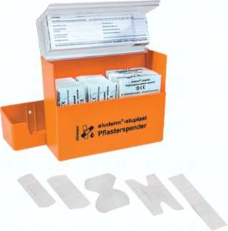 Pflasterspender aus ABS-Kunststoff, 160 x 122 x 57 mm, orange, mit transparenter