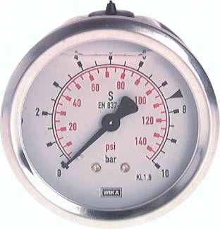 Glycerin-Manometer waagerecht (CrNi/Ms),63mm, 0 - 1,6bar