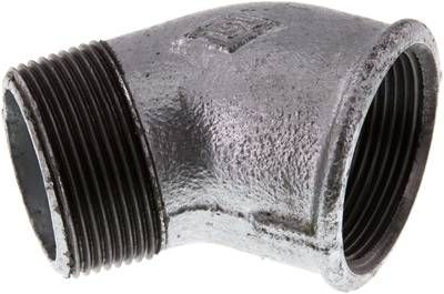 45°-Einschraubwinkel Rp 1 1/2"(IG)-R 1 1/2"(AG), 25 bar Temperguss verzinkt